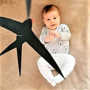 A baby lying beneath the hanging swallows mobile, calmly observing the gentle movement of the shapes above.