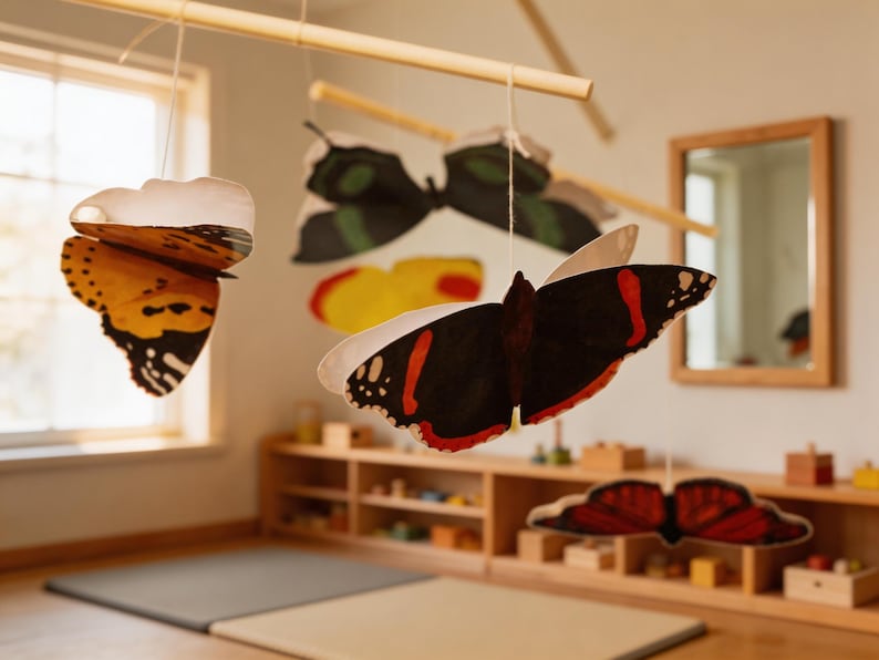 Close up of Montessori butterfly mobile with colorful paper butterflies hanging in a Montessori nursery