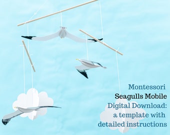 Seagull mobile template, printable Montessori mobile, bird mobile DIY, black white baby mobile, paper mobile, nautical nursery, ocean decor