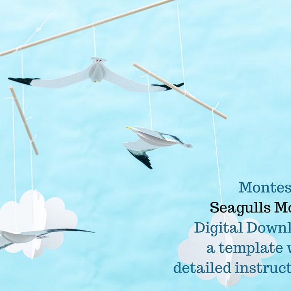 Seagull mobile template, printable Montessori mobile, bird mobile DIY, black white baby mobile, paper mobile, nautical nursery, ocean decor