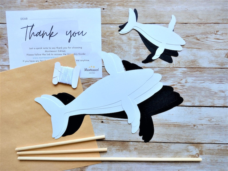 Pre-cut resources for the Montessori Whale mobile, part of the Montessori Animal Baby Mobile Set.
