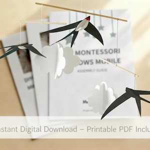 Swallow Bird Mobile DIY Pattern – Black & White High Contrast Flying Mobile Template