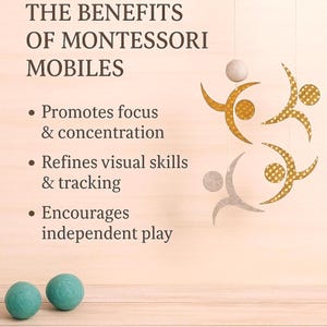Promotional image of a Montessori baby mobile with golden and silver dancer shapes hanging from wooden dowels, set against a natural wooden background, with text describing benefits like promoting focus, refining visual tracking, and encouraging independent play.