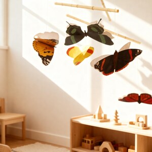 Montessori butterfly baby mobile hanging near nursery window with wooden toys and soft natural light