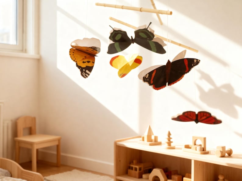 Montessori butterfly baby mobile hanging near nursery window with wooden toys and soft natural light
