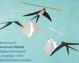 Swallows mobile template, Montessori mobile DIY, baby mobile assembly guide, high contrast baby mobile, DIY paper mobile, cricut silhouette