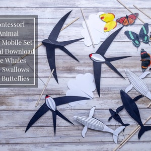 Montessori Animal Baby Mobile Set Digital download, the Whales, the Swallows and the Butterflies