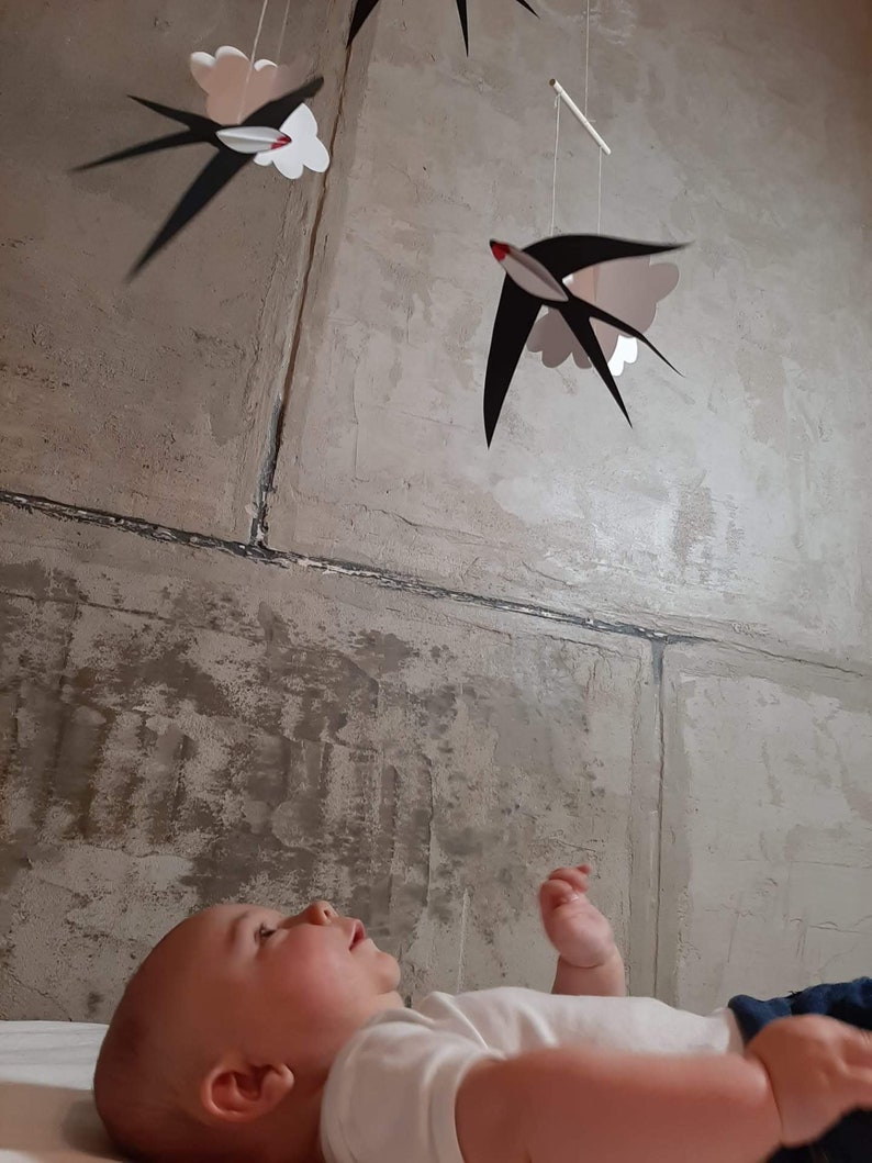 Close-up of a baby’s face watching the black and white swallows mobile with focus and curiosity.