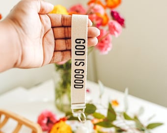 God Is Good Wristlet Keychain, Floral Keychain,