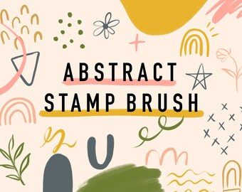 May include: A digital illustration of abstract shapes and patterns in various colors, including pink, yellow, green, and blue. The text "ABSTRACT STAMP BRUSH" is written in black letters.