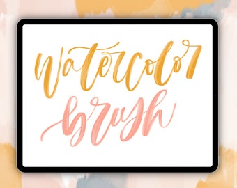 May include: A digital tablet screen displaying the text "watercolor brush" in a stylized font. The text is in shades of yellow and pink.
