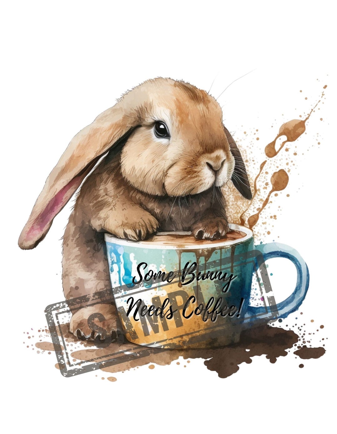 Bunny Brew - Whimsical Digital Art Print Some Bunny Needs Coffee PNG ...