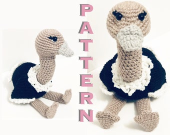 May include: Crochet pattern for a sitting ostrich wearing a black dress with a white lace collar. The pattern is written in pink letters on a white background. The ostrich is made of beige yarn with black eyes and a white beak.