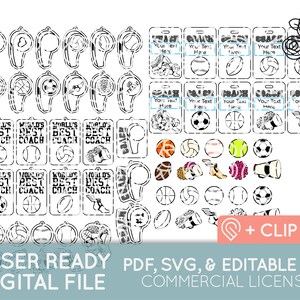 Könnte beinhalten: Schwarzweißes digitales Clipart-Set mit Sportmotiven für die Wertschätzung von Trainern. Enthält eine Vielzahl von Sportgeräten, darunter Baseballs, Volleybälle, Fußbälle, Fußbälle, Basketbälle und Cheerleader-Pompons. Außerdem enthalten sind eine Pfeife, ein Megaphon und eine Trophäe. Der Text "World's Best Coach" ist in mehreren Designs enthalten.