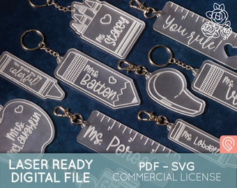 Teacher Themed Keychain Templates | Commercial License | Glowforge Cut File | Laser Printer Design | Digital Download | PDF + SVG