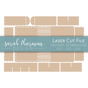 May include: A digital download of a laser cut file for a box. The file is available in PDF, SVG, and DXF formats. The image shows the different pieces of the box, which are beige in colour.