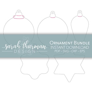 May include: A digital download bundle of five ornament SVG cut files. The bundle includes a round ornament, a teardrop ornament, a star ornament, and two snowflake ornaments.