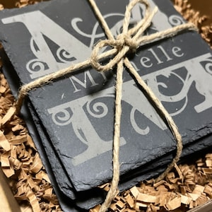 Laser Engraved Slate Coasters | Monogram Coasters|  Gift Sets | Gifts for Dad, Mom, Friend | Rock Coasters