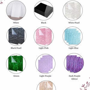 May include: Image showcasing various color options, including white, black, white pearl, black pearl, light pink, light blue, green, light purple, dark purple glitter, and pearl gold. The text "Color Options" is at the top.