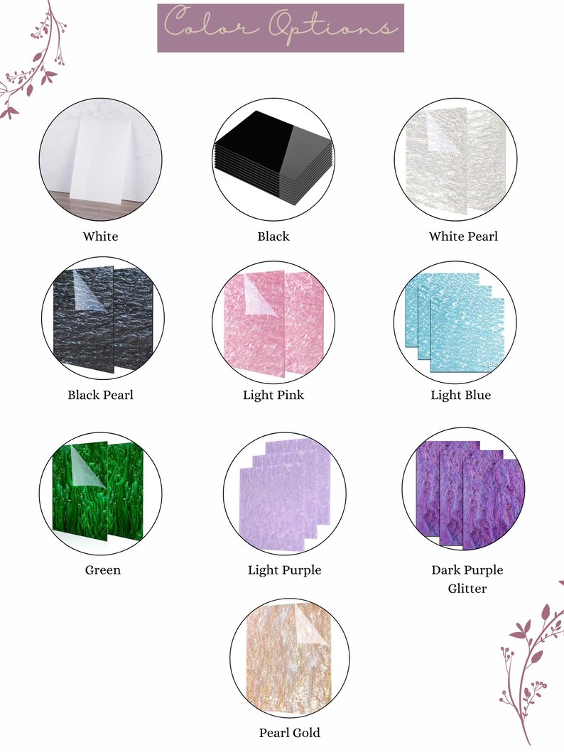May include: Image showcasing various color options, including white, black, white pearl, black pearl, light pink, light blue, green, light purple, dark purple glitter, and pearl gold. The text "Color Options" is at the top.