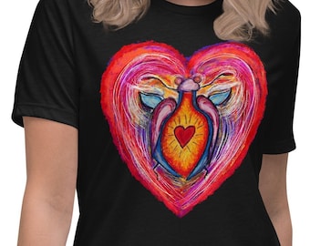 Love Bug Women's T-Shirt - Colourful Heart Graphic Relaxed Tee - Whimsical Hand Drawn Heart Design - 5 Sizes/5 Colours