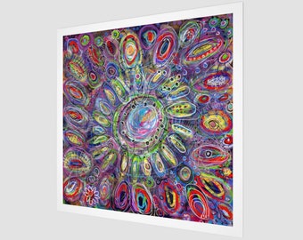 Abstract Expressionist Painting - Unique & Colorful - Giclee Fine Art Print - Modern Square Wall Art - Boho Hippy Flowers - Spring Mandala