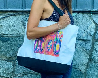 60% OFF - Large Market Original Art Printed Tote, Originally 39.75 - 2 Left in Stock, Beach Bag, Canvas Floral Art Bag, Funky Carry-All