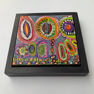 Framed Original Acrylic Doodle Art Painting, Brightly Coloured Small Paintings For Small Spaces, Colorful Sea Life Mosaic, 5”x5”x.75”