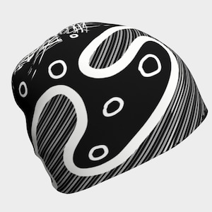 B&W Graphic Doodle Art Beanie - Hip Modern Black and White Funky Hat - Bold Art Printed Slouch Hat - Original Hand Drawn Design 3