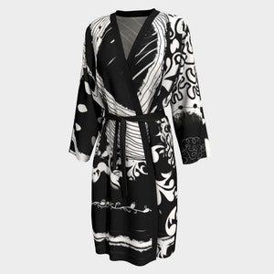 Black & White Graphic Original Art Printed Lightweight Bath Robe - Funky Doodle Art Peignoir - Unique Modern Art Summer Robe