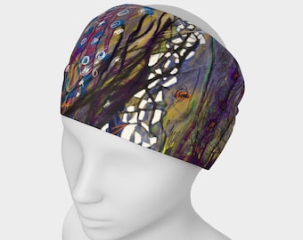 Wide Headband, 9.75”x11.5” Funky Hairband, Multi Purpose Head Wrap, Artistic Face Covering For Skiing, etc., Birds & Trees Print