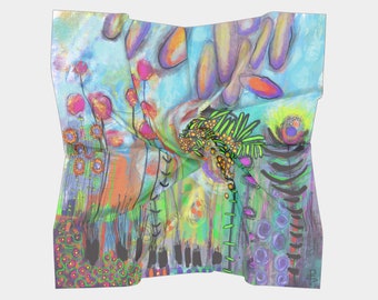 Colourful Birds Square Scarf, Original Art Printed, Birds and Flowers Scarf, Soft Flowing Fabric, Four Sizes, Four Fabrics, On The Verge