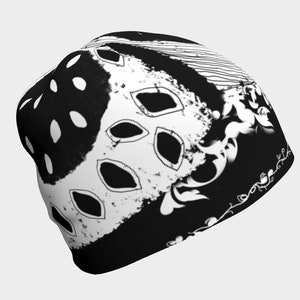 B&W Graphic Doodle Art Beanie - Hip Modern Black and White Funky Hat - Bold Art Printed Slouch Hat - Original Hand Drawn Design 1