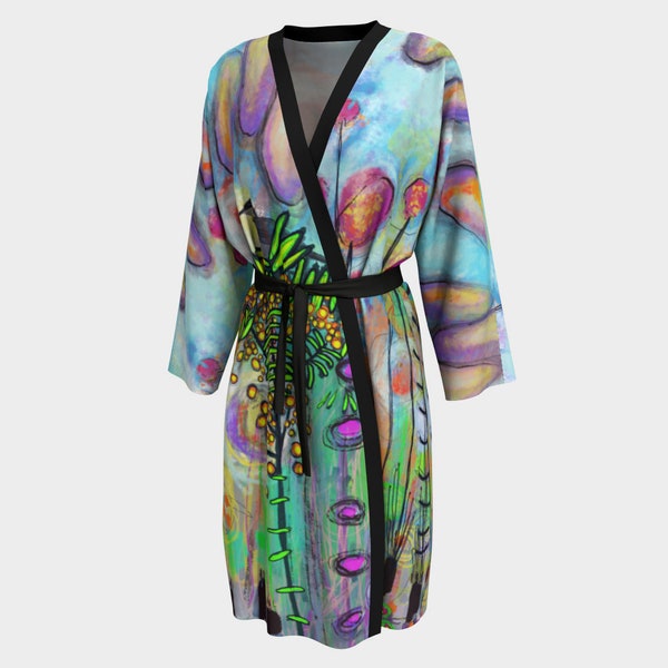 Luxurious Summer Original Art Peignoir - Lightweight Flowing Abstract Floral Bird Robe - Classic Long Kimono - On The Verge Original Art