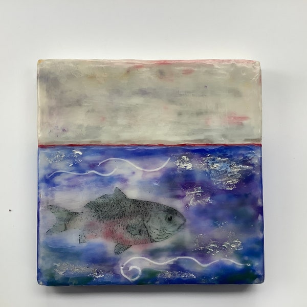 Encaustic Spawning Salmon Painting, Hand Painted Original 6”x6” Expressionist Fish Art, Beeswax Art, Going Home