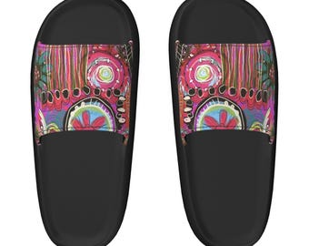 Women’s Colorful Slide Sandals • Original Art Slides • Artist Designed Wearable Art • Spring Doodle