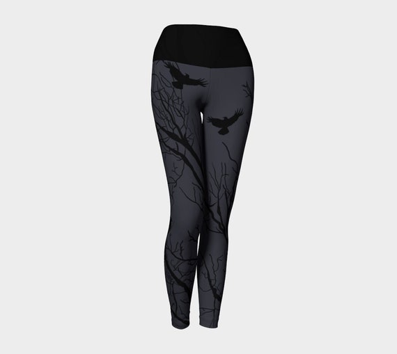 Crows and Trees High Cut Compression Fit Yoga Leggings Funky Black