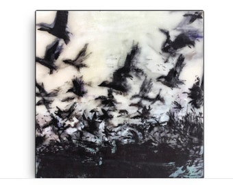 Crows Stretched Canvas Print, Archival Fine Art, Contemporary Crows Wall Art, Living Room Decor, Crows, Ravens, Black Birds, Taking Flight