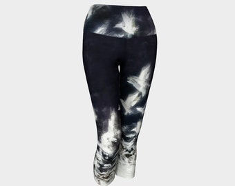 Night Flight Capri Leggings - Black & White Yoga Pants - Original Art Printed Bird Design - Crow Pattern - Snow Geese - Everyday Leggings