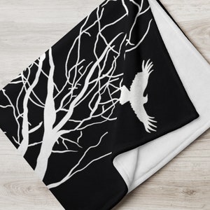 Crows & Trees Throw Blanket - Luxurious Raven Art Throw - Cozy Light and Warm Sofa Blanket - Designer Black Goth Art Blanket