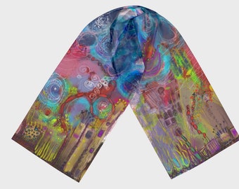 Hand Painted Scarf, Long Colourful Bird Scarf, Birds & Flowers Art, Stylish Luxury Scarf, Designer Art Wrap