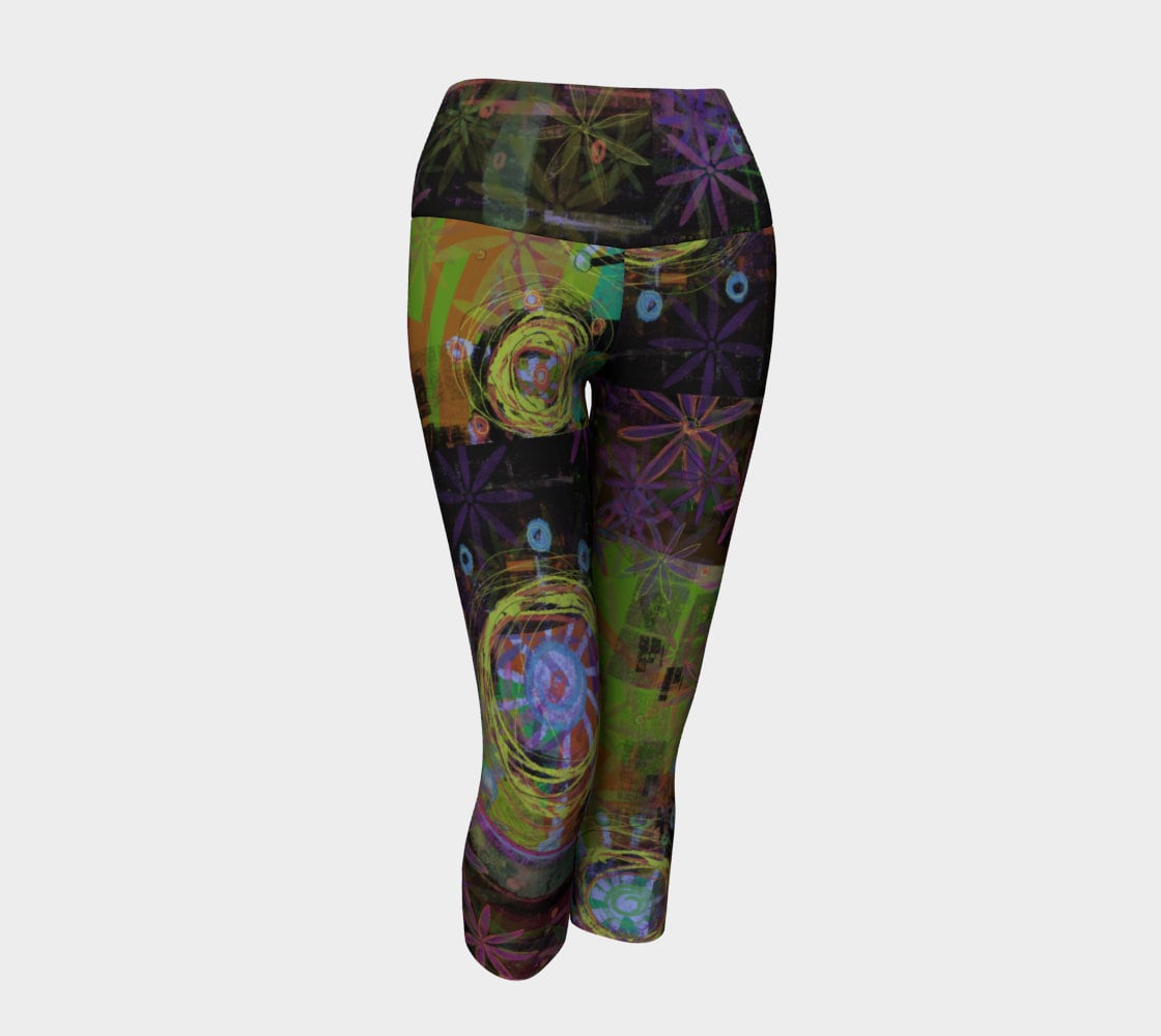 Verve Yoga Capris - Leggings - Yoga Pants - Original Art Printed - Distressed Floral Design - Festival Clothing - Funky Design