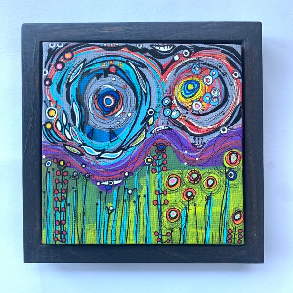 Framed Colourful Original Mini Painting - 5x5x.75 - Bright Acrylic Doodle Art Flowers - One-of-a-kind Mini Painting - Only One Available