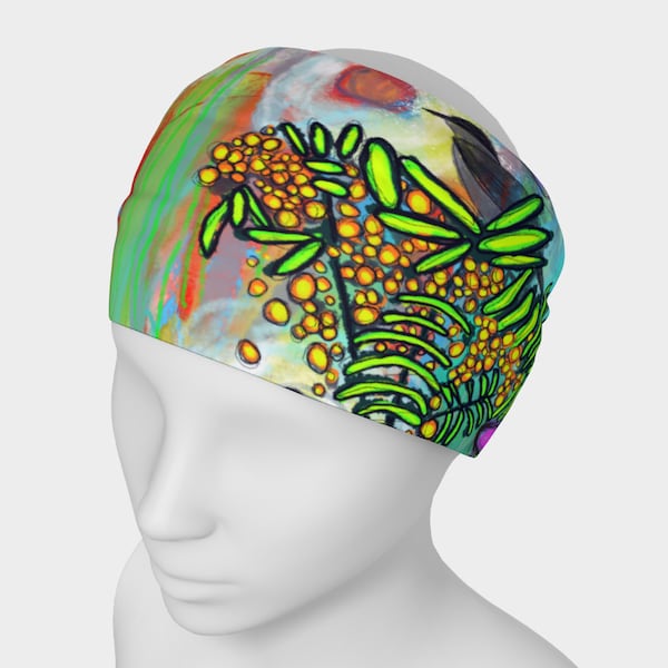 Colorful Wide 9.75”x11.5” Headband, Bird Art Printed Face Cover, Funky Hairband, Multi Purpose Head Wrap, Bird, Trees & Flowers Mask