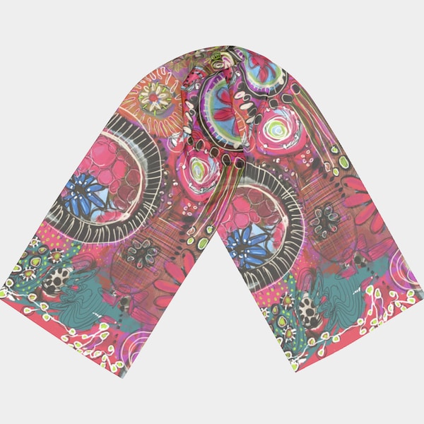 Long Floral Scarf, Original Art Designer Scarf, Happy Fun Flower Pattern, Soft Luxurious  Scarf, High End Wearable Art, Flower Doodle Art