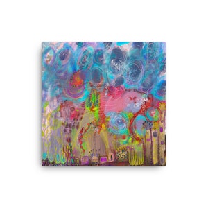 Canvas Art Print of Birds and Flowers, 16”x16” Museum Quality Giclee Print on Canvas, Spring Colours, Dance of the Birdsong