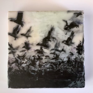 Original Encaustic Crows Painting on 8”x8”x1.5” Cradled Birch Panel - Painted Sides Ready to Hang