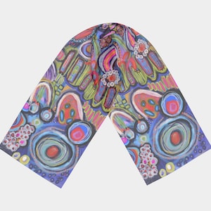 Sciarpa lunga fiori astratti, sciarpa colorata splendidamente drappeggiata, arte originale stampata, sciarpa d&#39;arte moderna, due dimensioni, quattro tessuti, giorno luminoso