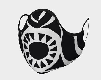 May include: Black and white face mask with a geometric pattern. The pattern features a large circle with a smaller circle inside, surrounded by triangles.