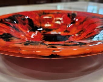 Fused Glass Bowl, Red, Orange, Black, Mesh Melt